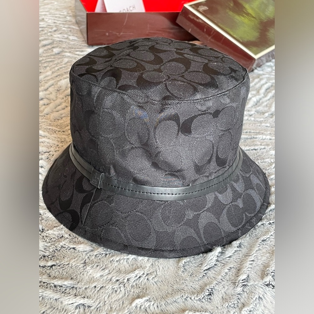 NEW Coach Signature crusher with leather trim Bucket Hat - Black size P/S
